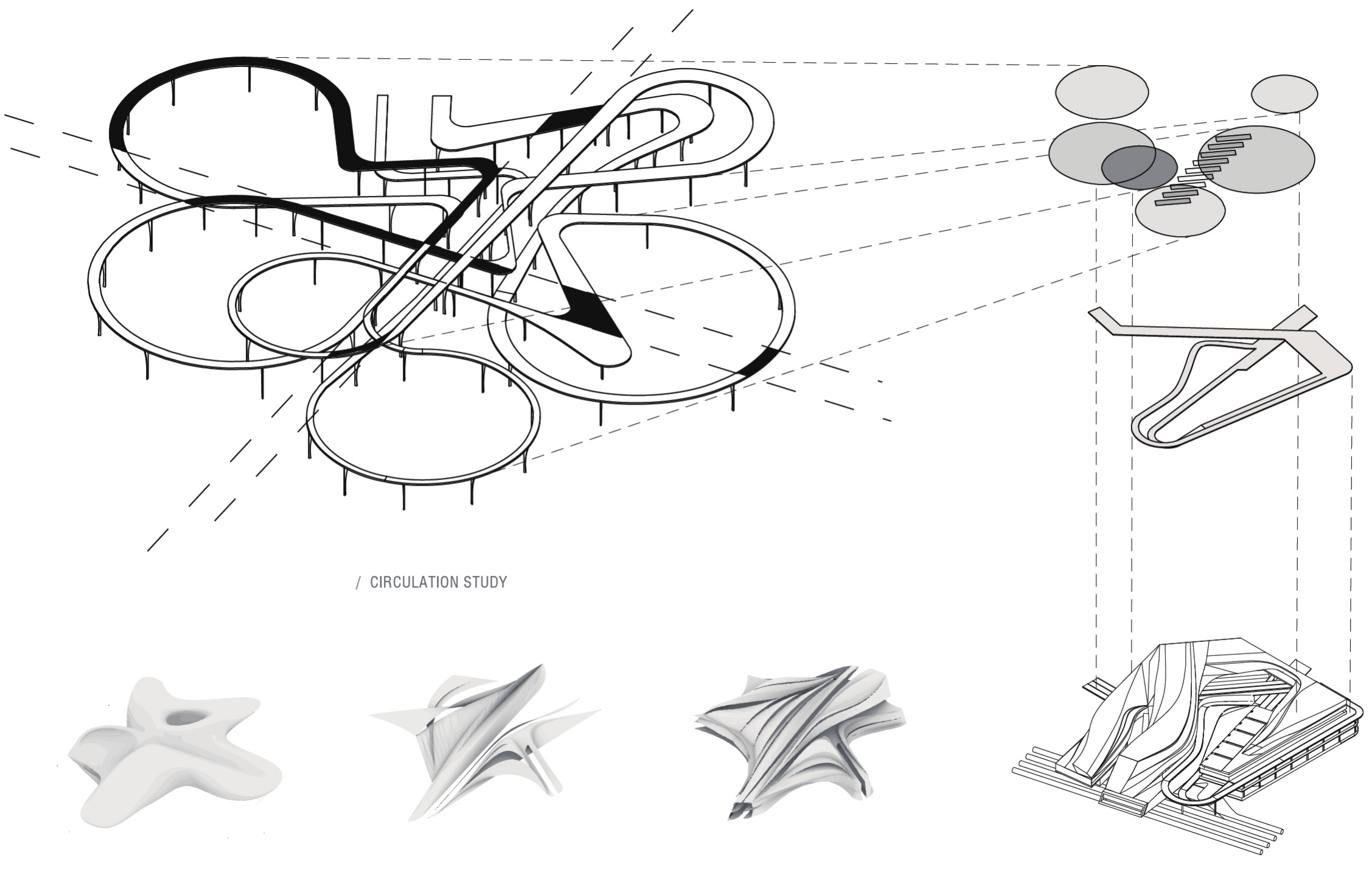 Circulation diagrams showing the development of the branching massing