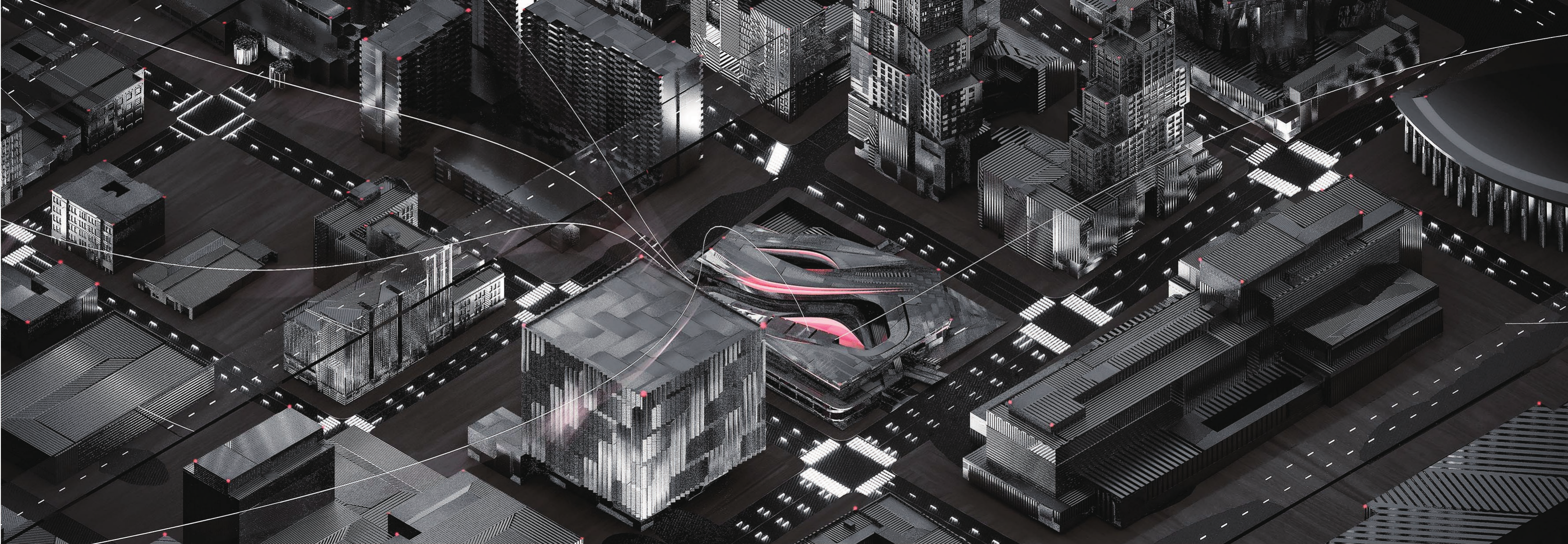 Night aerial scenario of the autonomous mobility hub in downtown Los Angeles