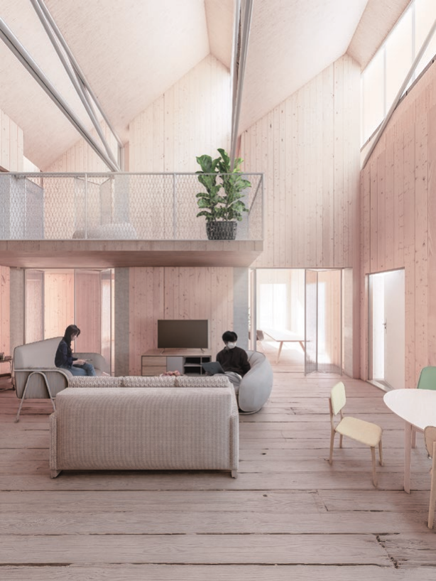 Interior rendering of the timber housing and communal solar chimney
