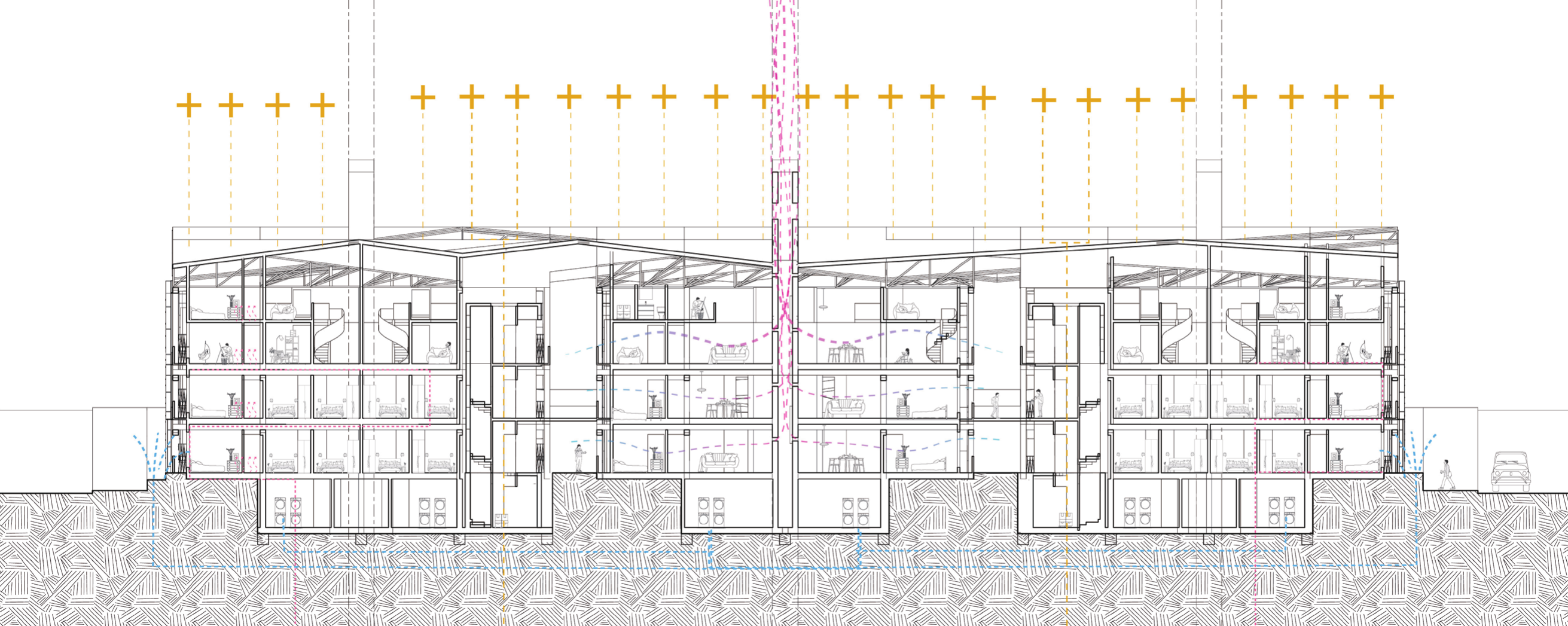 Long building section showing environmental systems