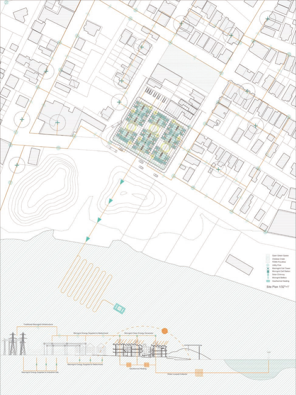 Site plan and neighborhood energy connections along Chelsea Creek
