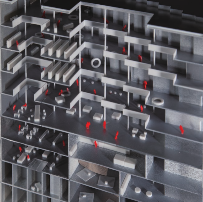 Close-up model showing music library and dining spaces