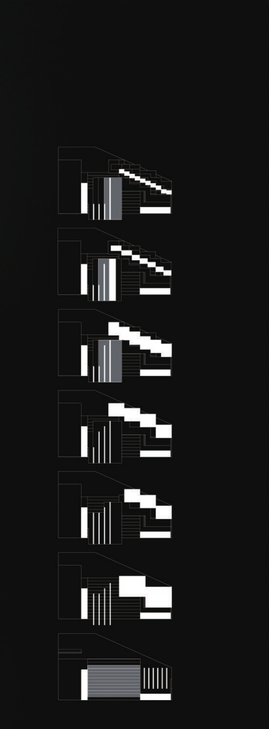 Tall sectional drawings of the vertical music campus