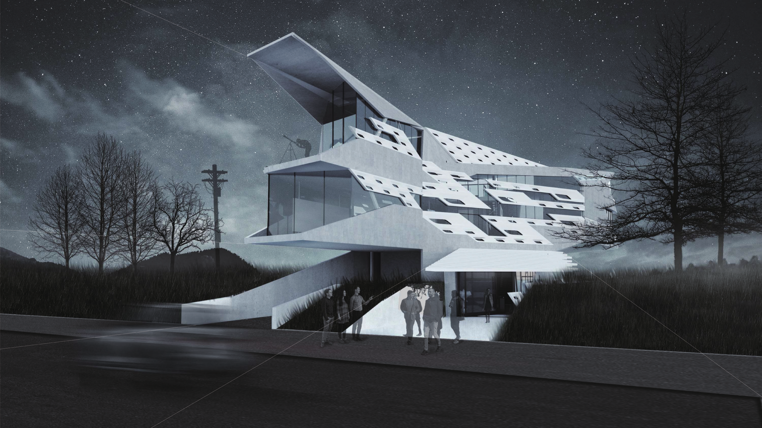 Night exterior rendering of the artist residence