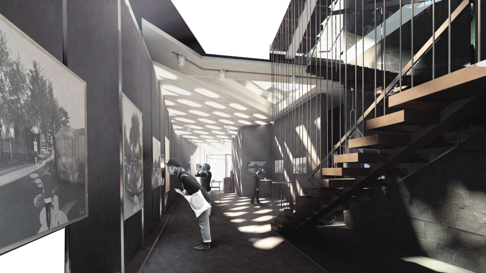 Daylit interior rendering of the main gallery and stair